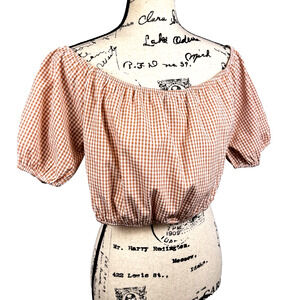 Lulu's Gingham Smocked Crop Top XL Puffed Sleeve Brown Peasant Bardot Milkmaid